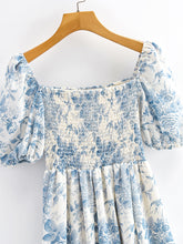 Load image into Gallery viewer, Light Blue Floral Print Short Sleeve Smocked Midi Dress
