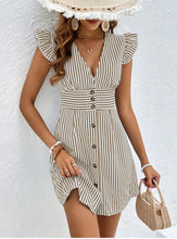 Load image into Gallery viewer, Stripped V-neck Buttons Flutter Sleeves Mini Dress
