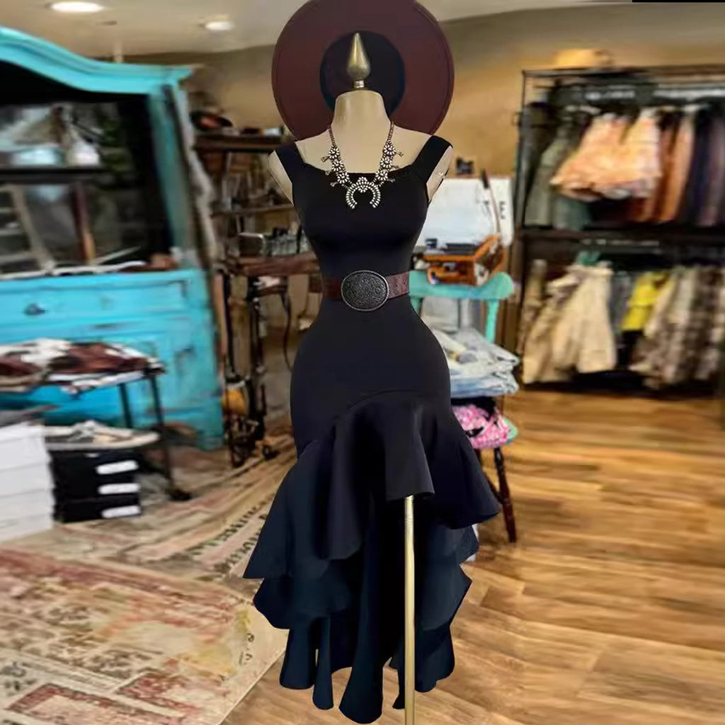 Elegant Round Neck Ruffled Hem High Low Midi Dress