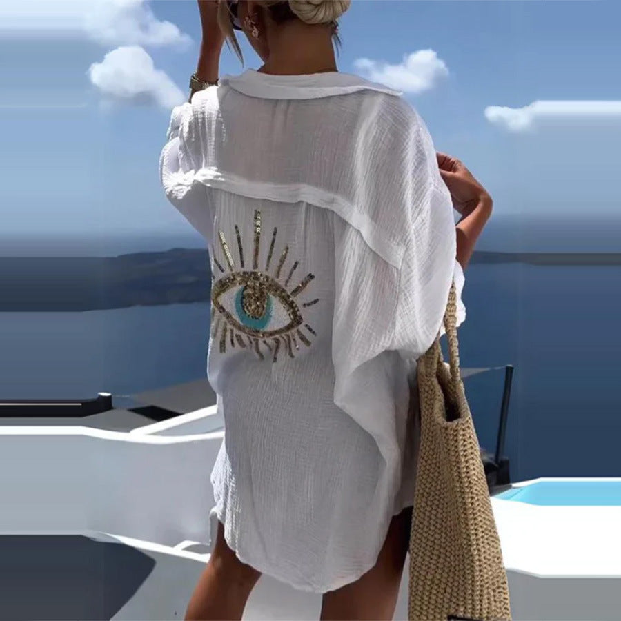 Evil Eye Casual Sequin Beaded Shirt