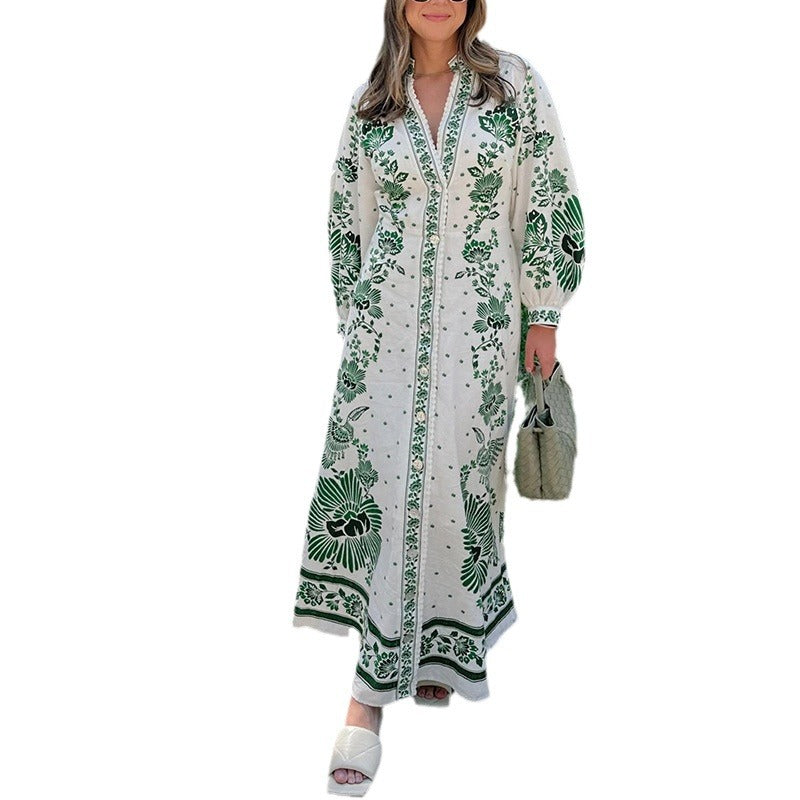Forest Soul Unique Print Button Down Long Sleeve Shirt Maxi Dress