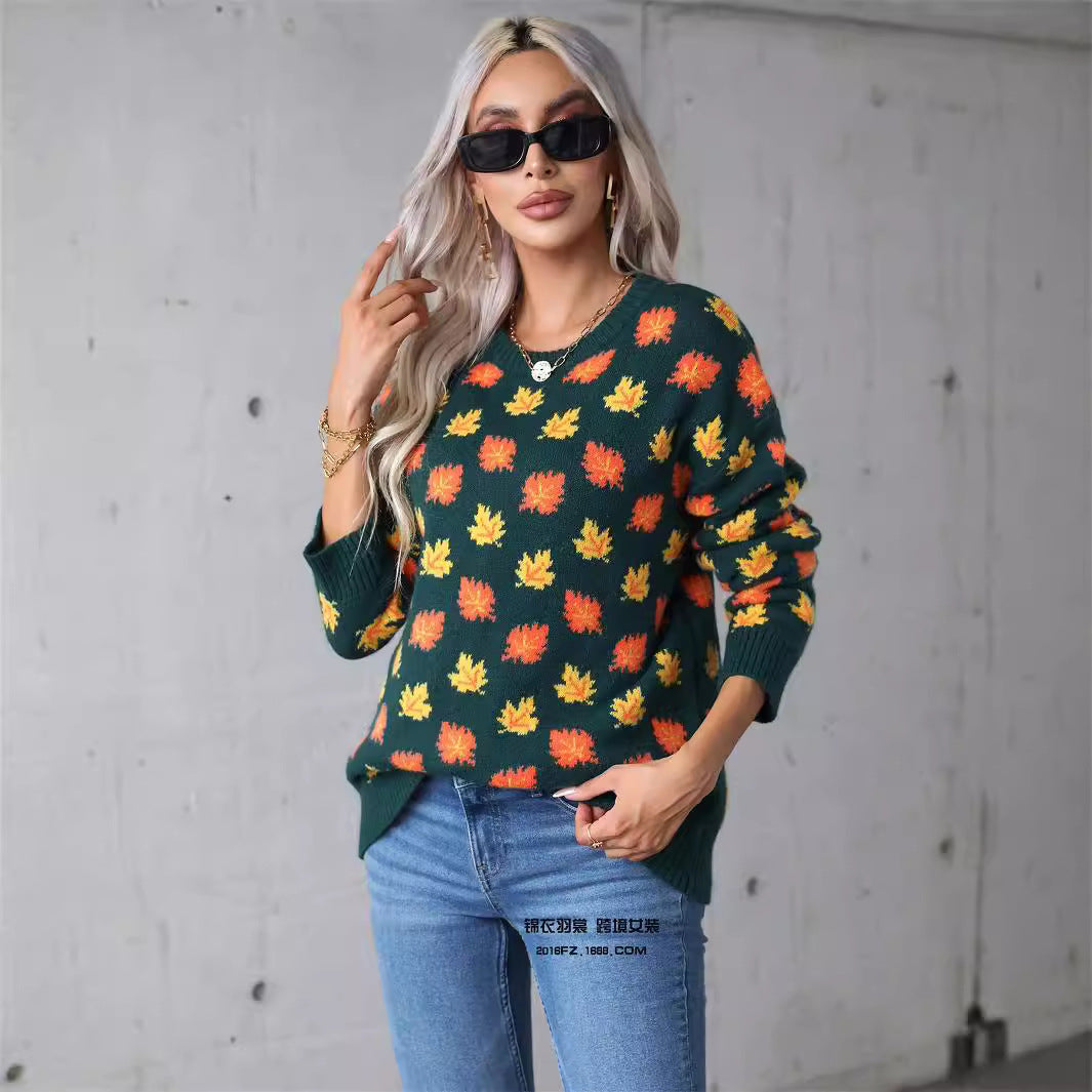 Maple Leaf Round Neck Long Sleeve Sweater