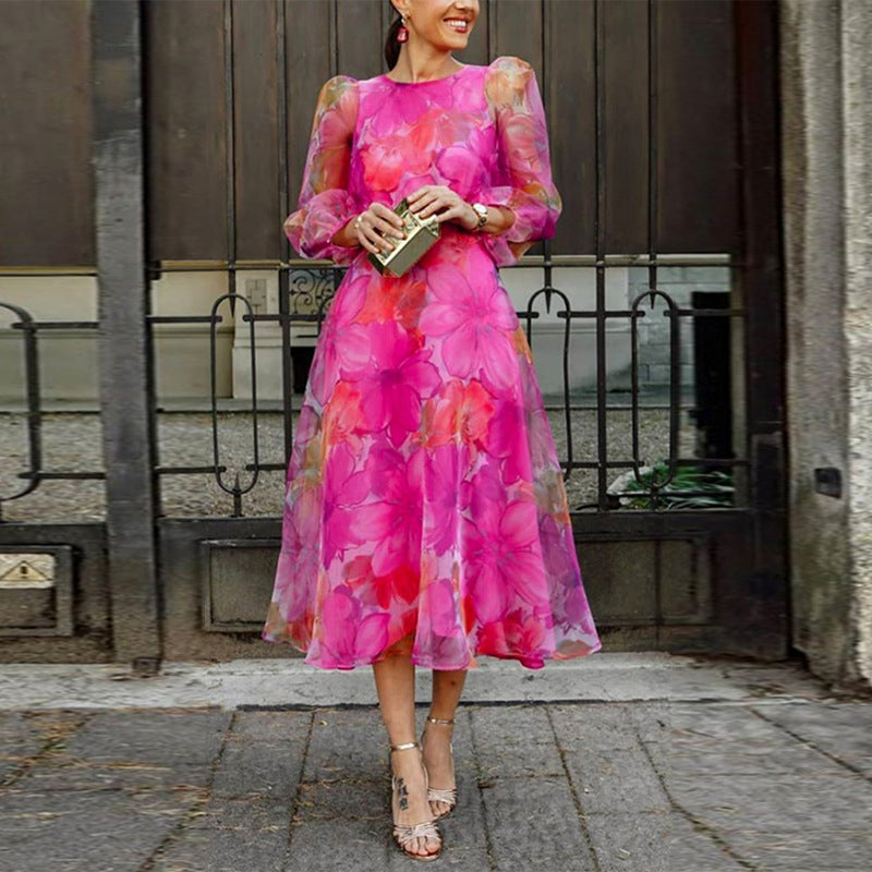 Elegant Floral Long Sleeves Gauze Midi Dress