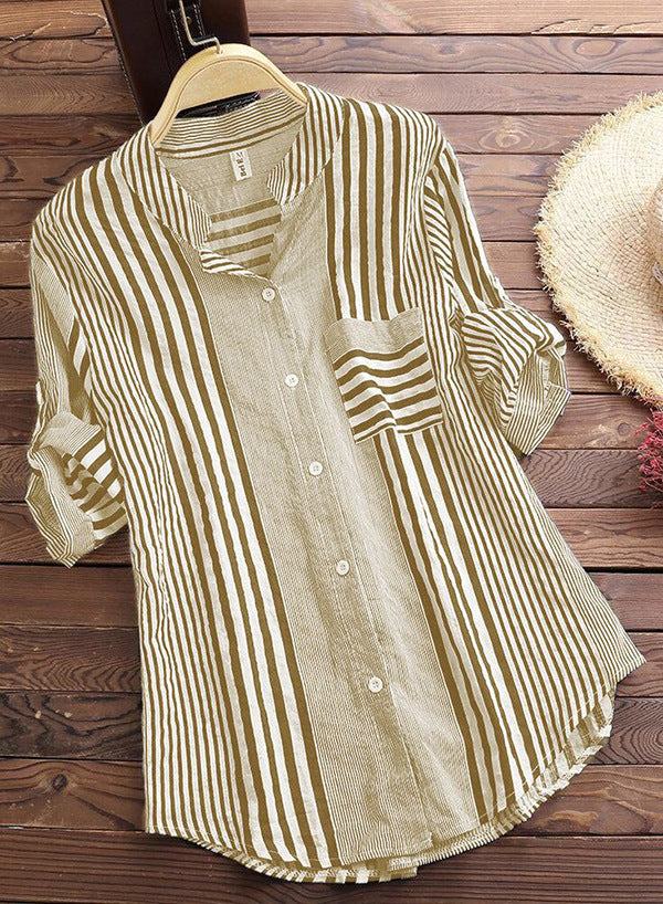Classic 3/4 Sleeve Striped Button Up Shirt
