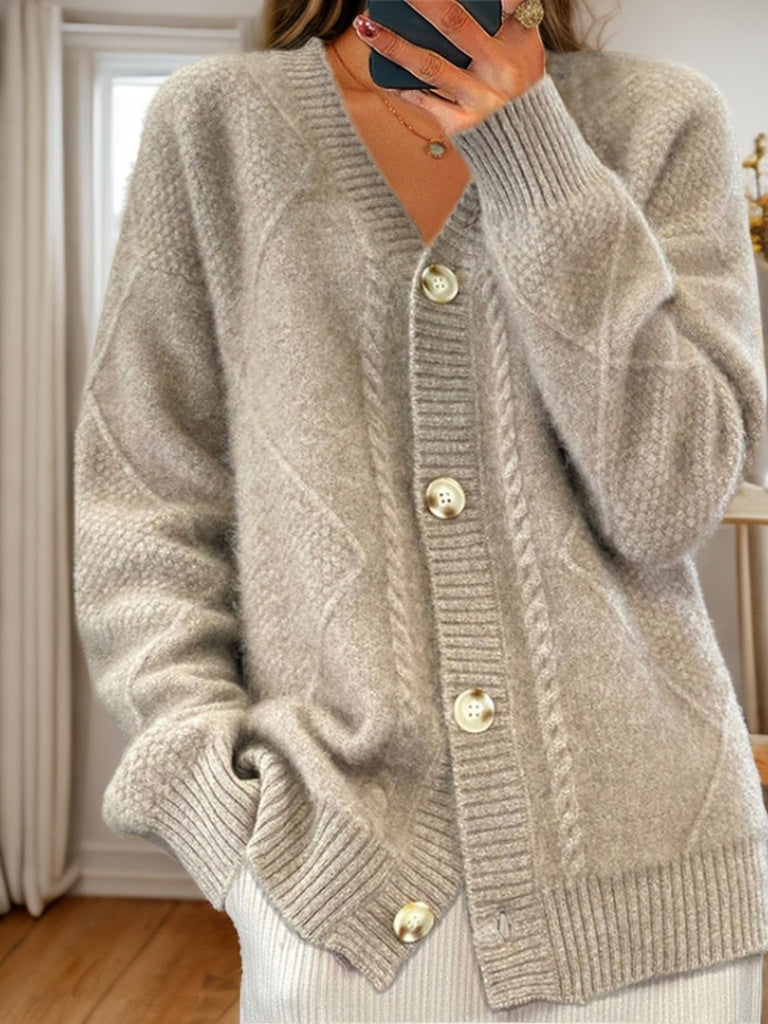 Button-Down Jacquard Long-Sleeved V-Neck Knitted Cardigan