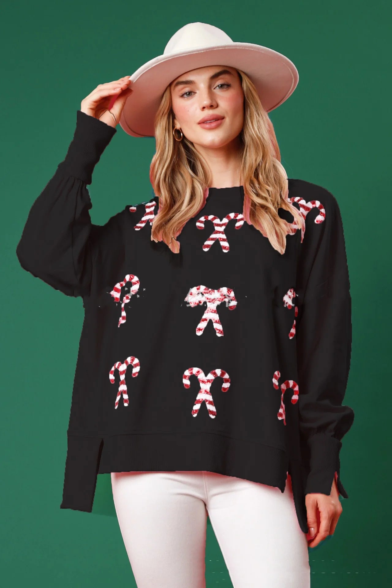 Candy Cane Sequin Crew Christmas Sweatshirt