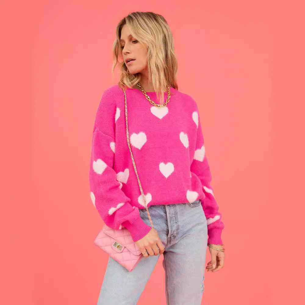 Heart Round Neck Dropped Shoulder Sweater