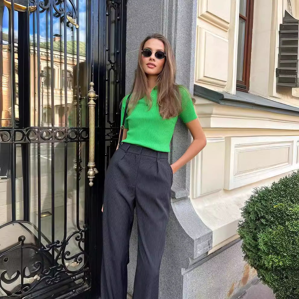 Short Sleeves Tees Apricot Turndown Collar Acrylic Women Tee Shirt