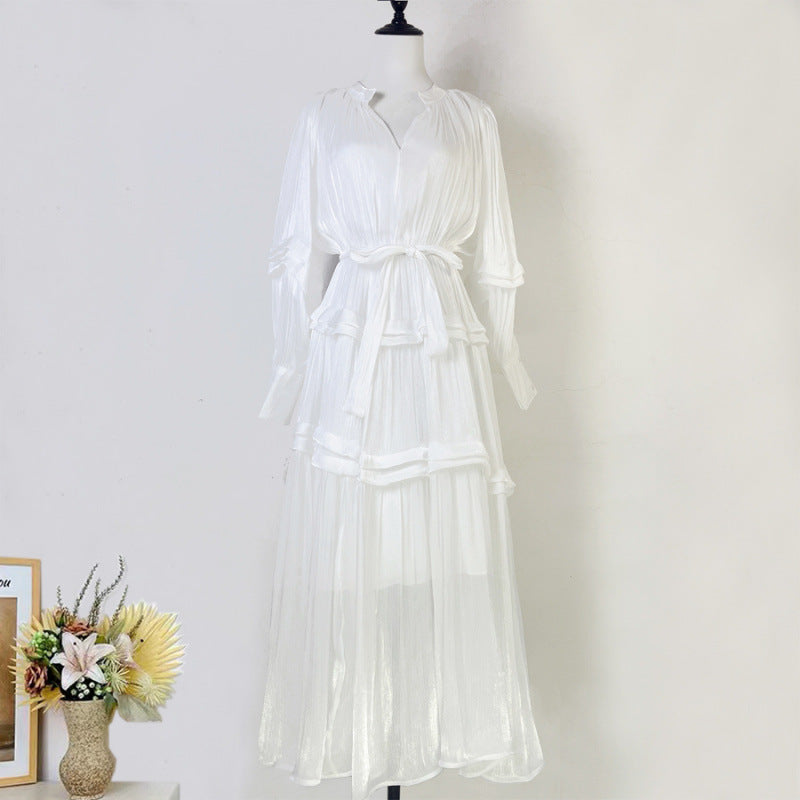 Elegant Lantern Long Sleeves V-Neck Pleated Tiered Maxi Dress