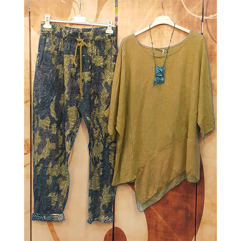 Casual Printing Irregular top with Camouflage print Pants Two Piece Suit