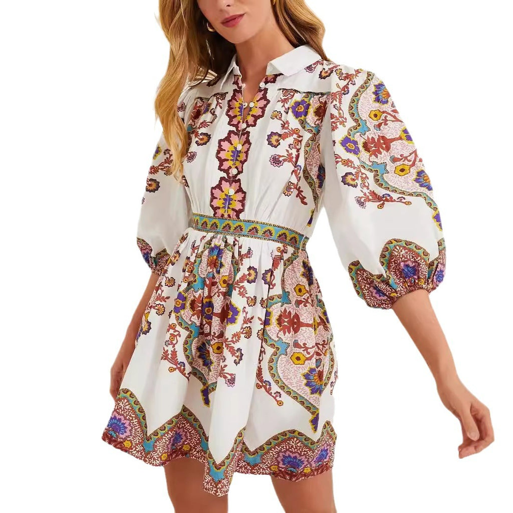 Ethnic Bohemian Long Sleeves Printed Pockets Mini Dress