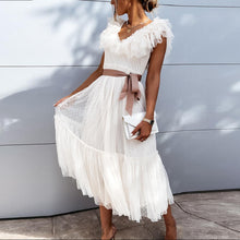 Load image into Gallery viewer, White Elegant V-neck Ruffled Sleeveless Mesh Midi Dress with Belt
