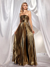 Load image into Gallery viewer, Metallic Fabric Cross Neck Cutout Slit Pleated Maxi Dress
