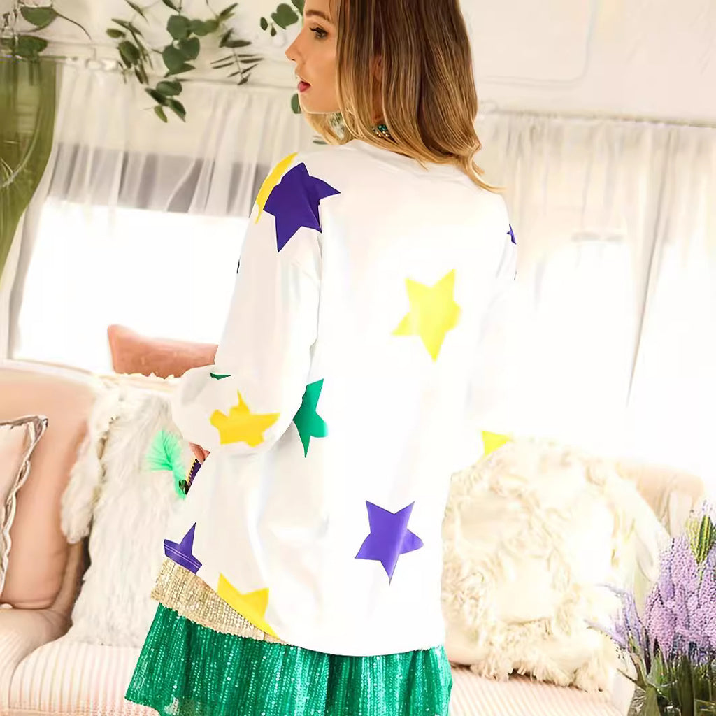 White Mardi Gras Star Printed Long Sleeve Top
