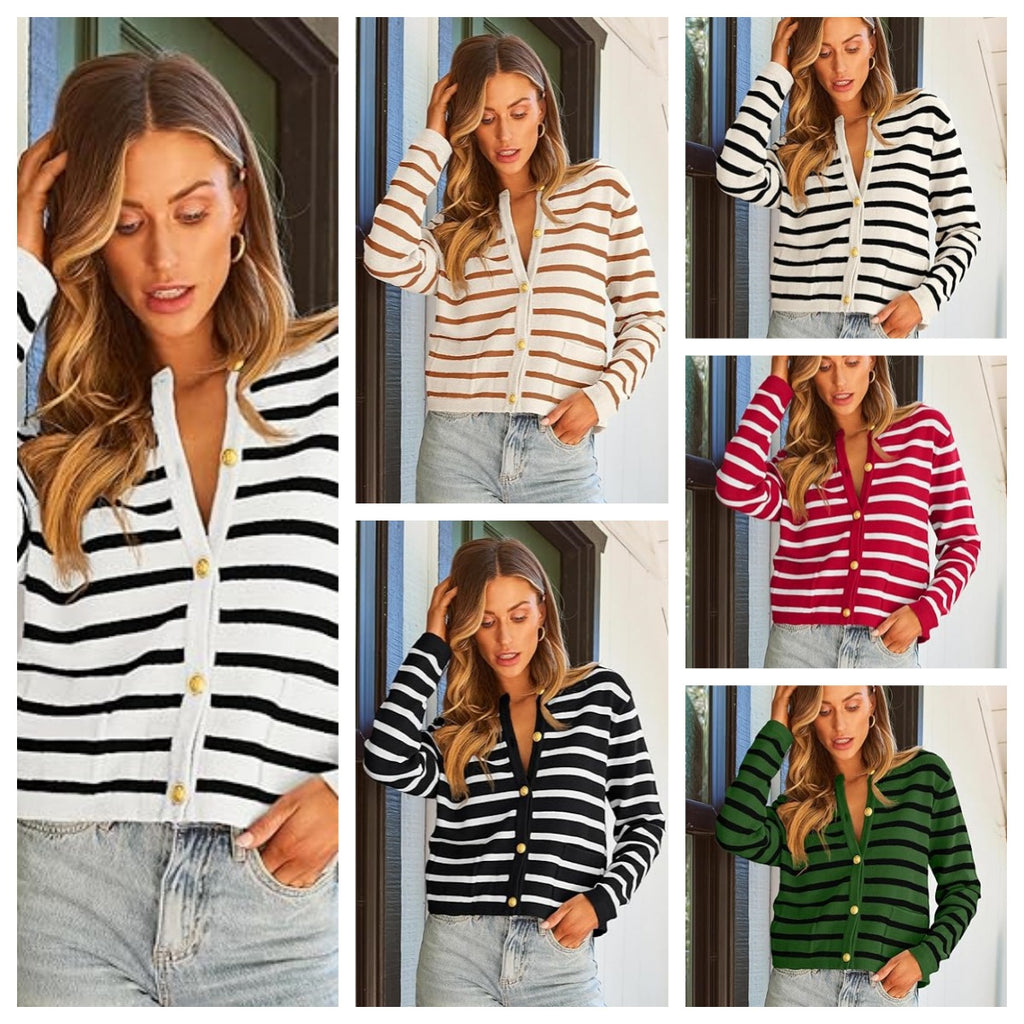 Casual Stripe Buttons Round Neck Cardigan