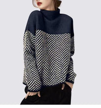 Load image into Gallery viewer, Loose High Neck Zigzag Print Long Sleeve Pullover Sweater
