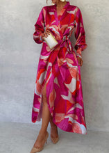 Load image into Gallery viewer, Long Sleeve Printed Tie-up Waist Slit Maxi Dress
