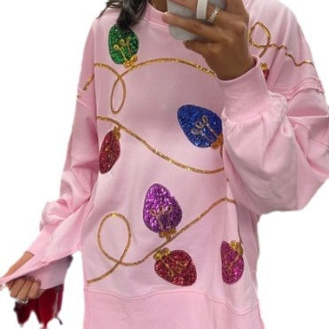 Christmas Lights Sequin Long Sleeve Slit Pullover Sweatshirt
