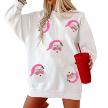 Load image into Gallery viewer, White Ribbed Sequin Santa Claus Graphic Christams Sweatshirt
