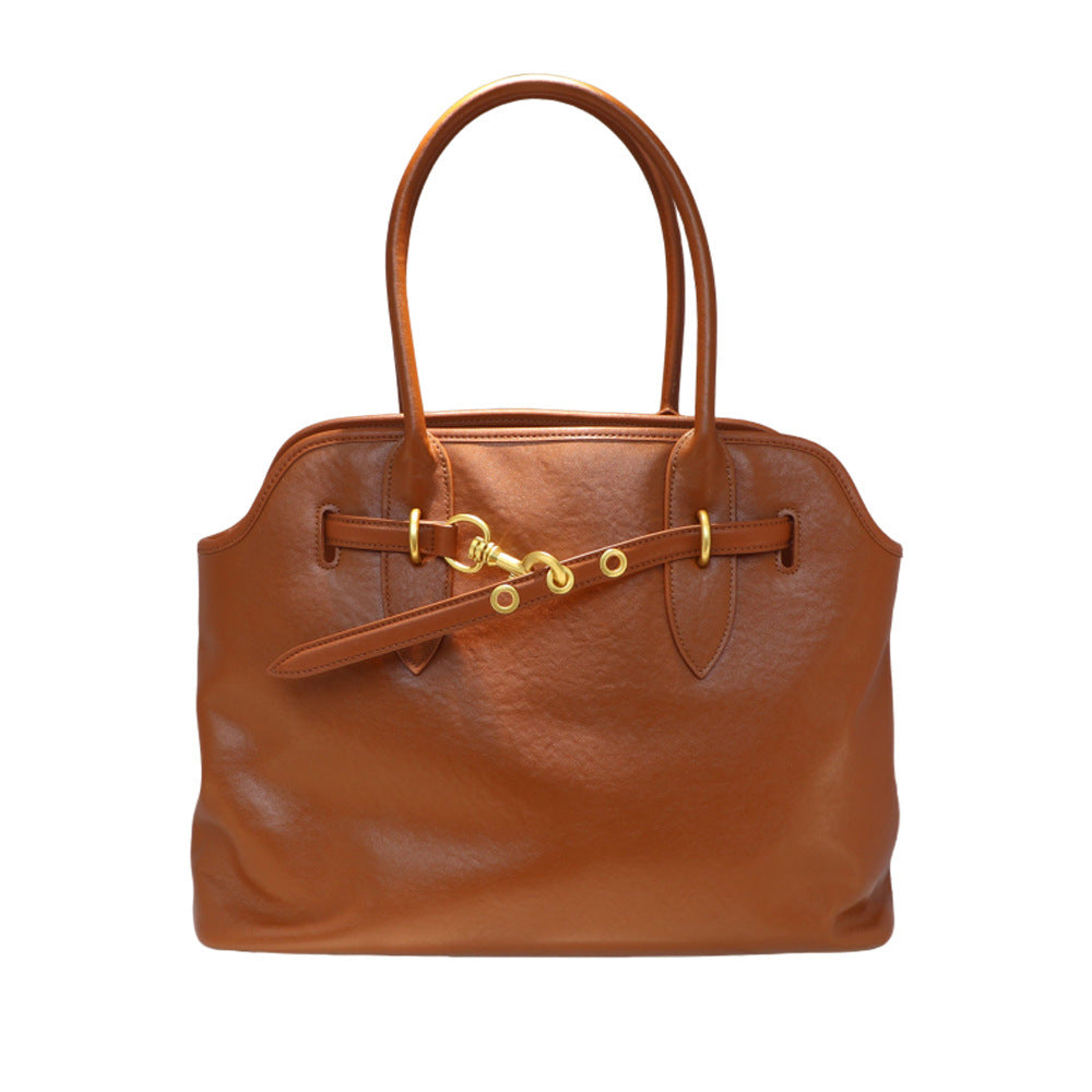 Top Grain Large Leather Tote Bag With Drawstring Buckle