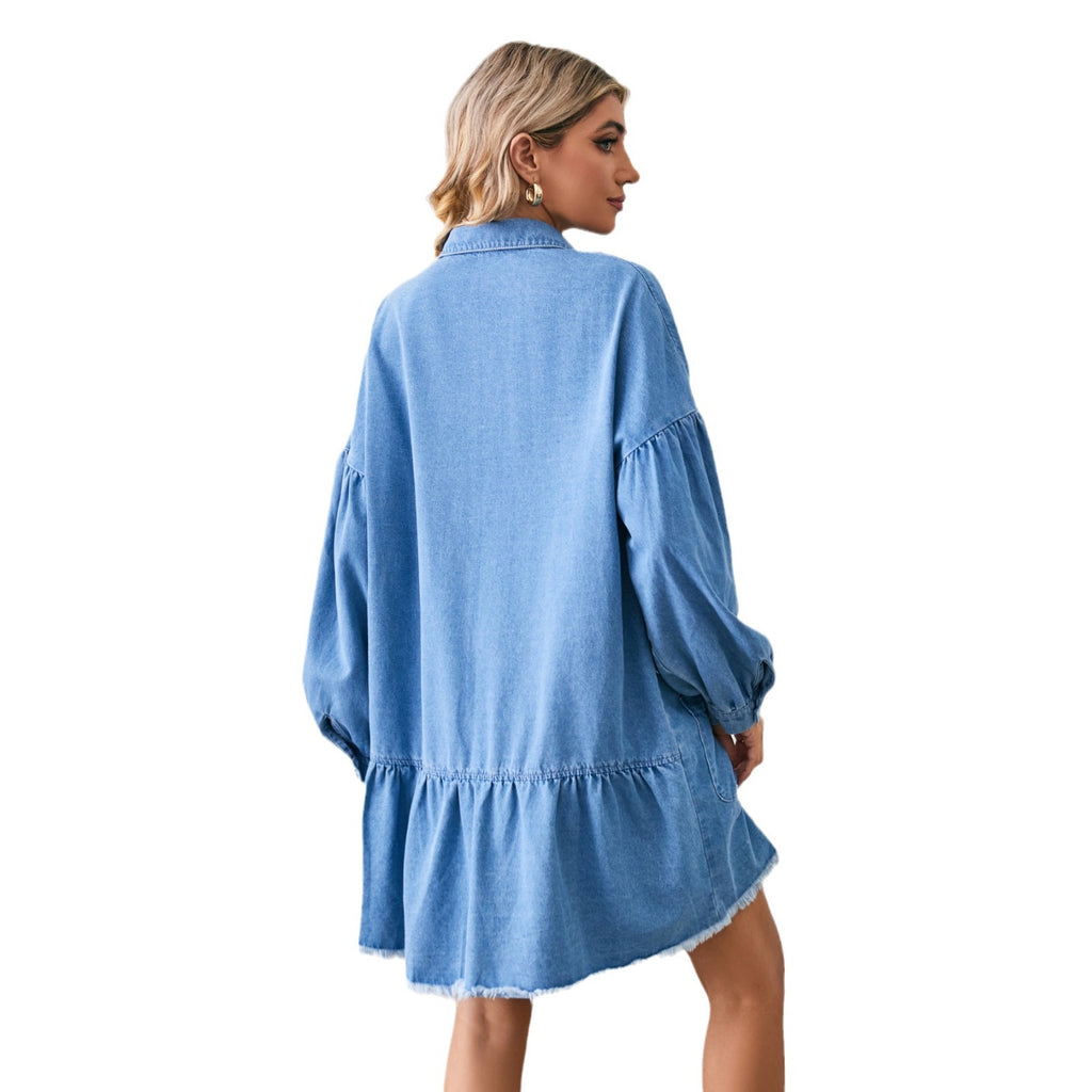 Long Sleeves Button Up Pocketed Raw Hem Denim Dress