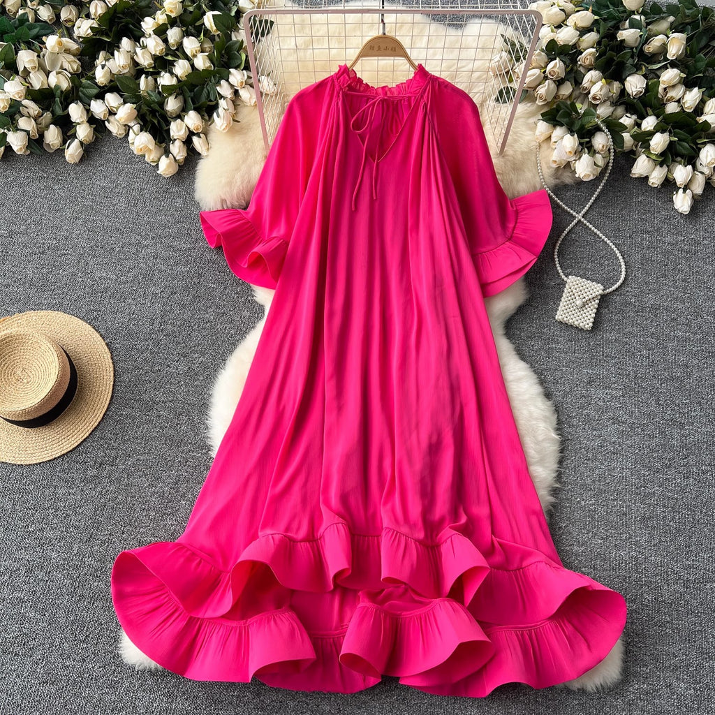 Elegant Bell Sleeves Loose Midi Dress