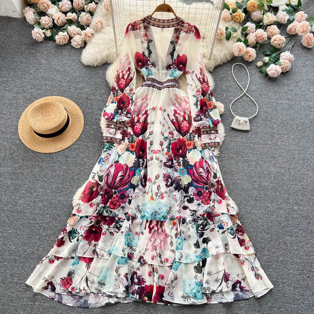 Elegant Chiffon Mesh Long Sleeve Floral Maxi Dress