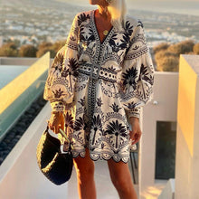 Load image into Gallery viewer, Retro V-neck Long Sleeves Print Mini Dress
