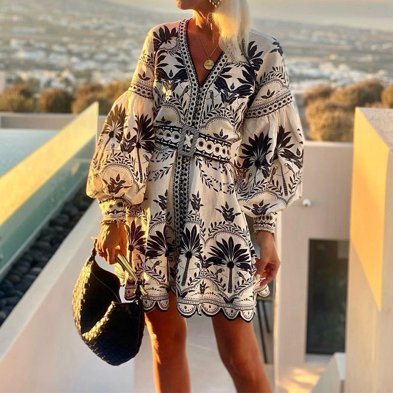 Retro V-neck Long Sleeves Print Mini Dress