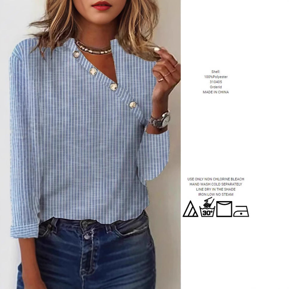 Blue Stripped Buttons Long Sleeves Blouse