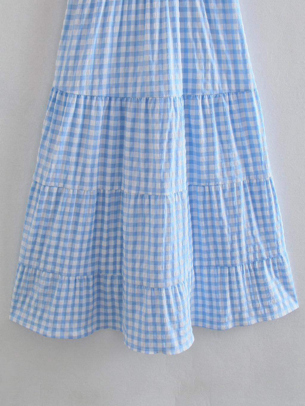 Blue Gingham Smocked Flutter Sleeves Tiered Midi Dress