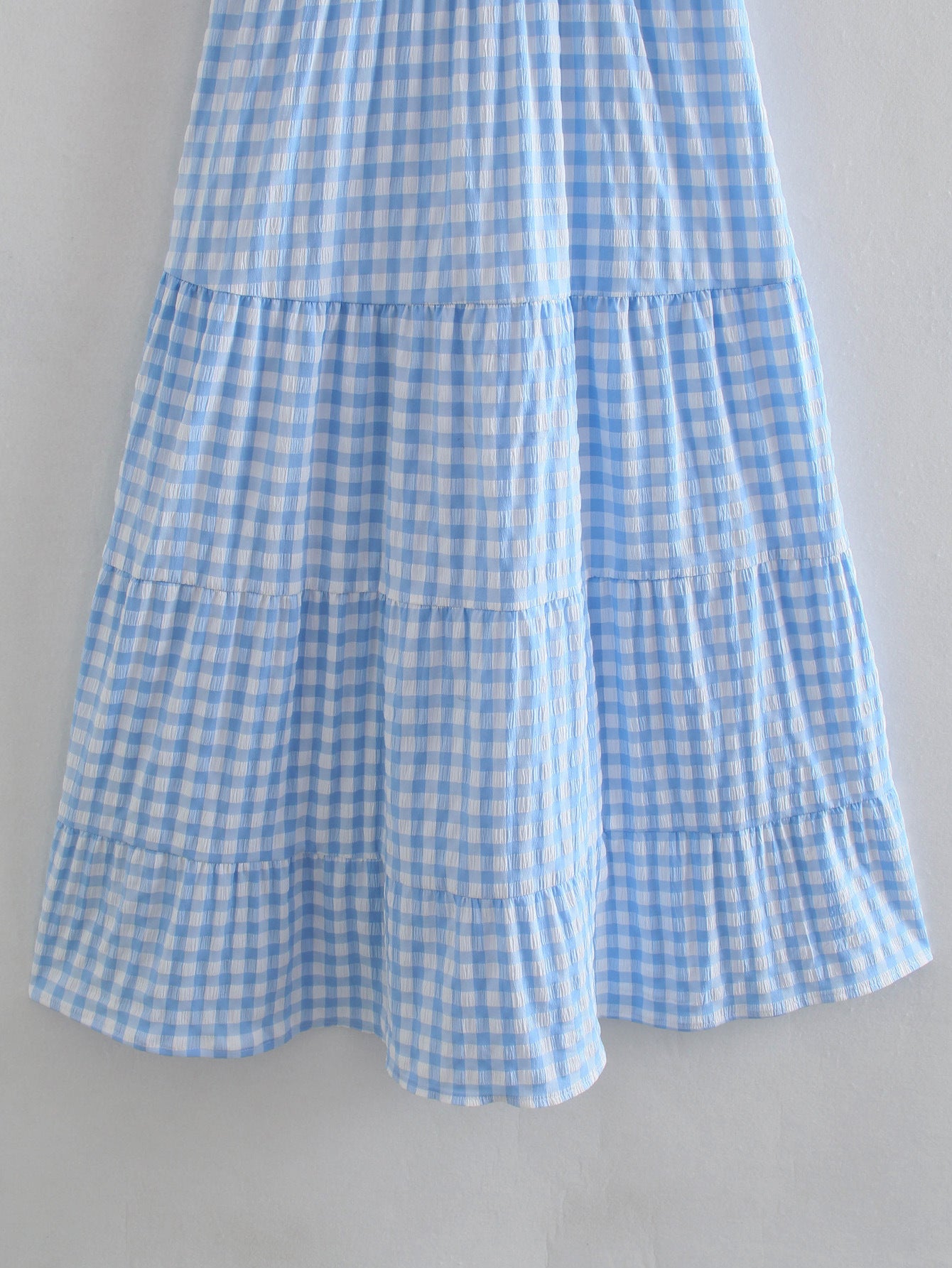 Blue Gingham Smocked Flutter Sleeves Tiered Midi Dress