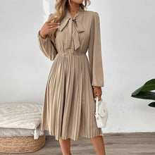 Load image into Gallery viewer, Elegant Beige Tie Neck Pleated Long Sleeve Midi Dress
