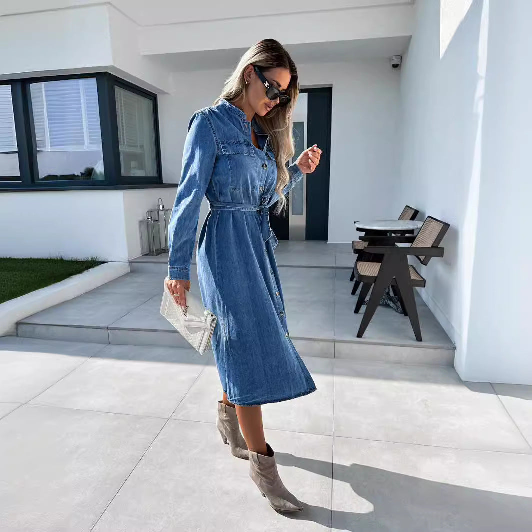 Long-Sleeve Collar Washed Tie Waist Button-Up Denim Slit Midi A-Line Shirt Dress