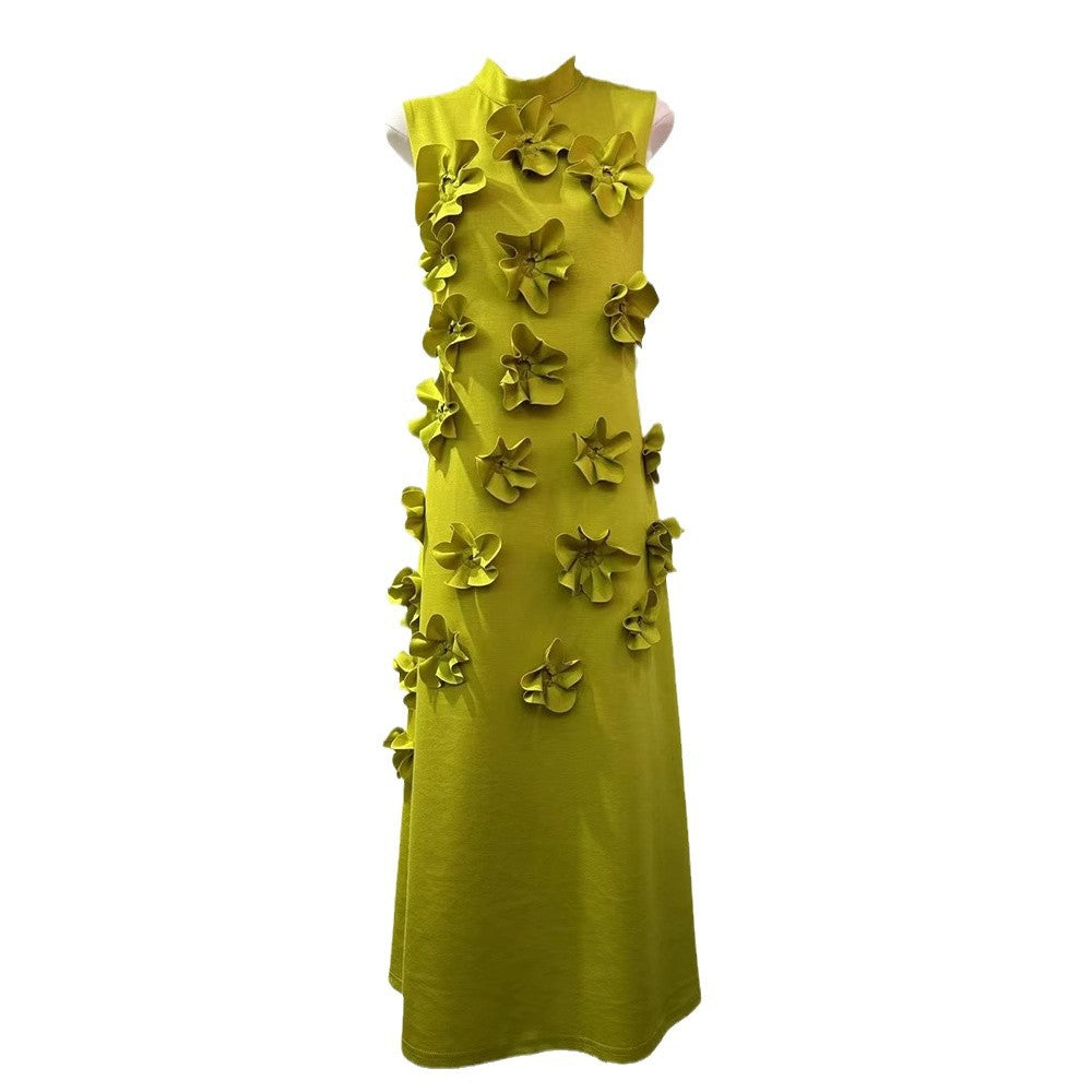 Elegant Sleeveless Mock Neck 3D Floral Maxi Dress