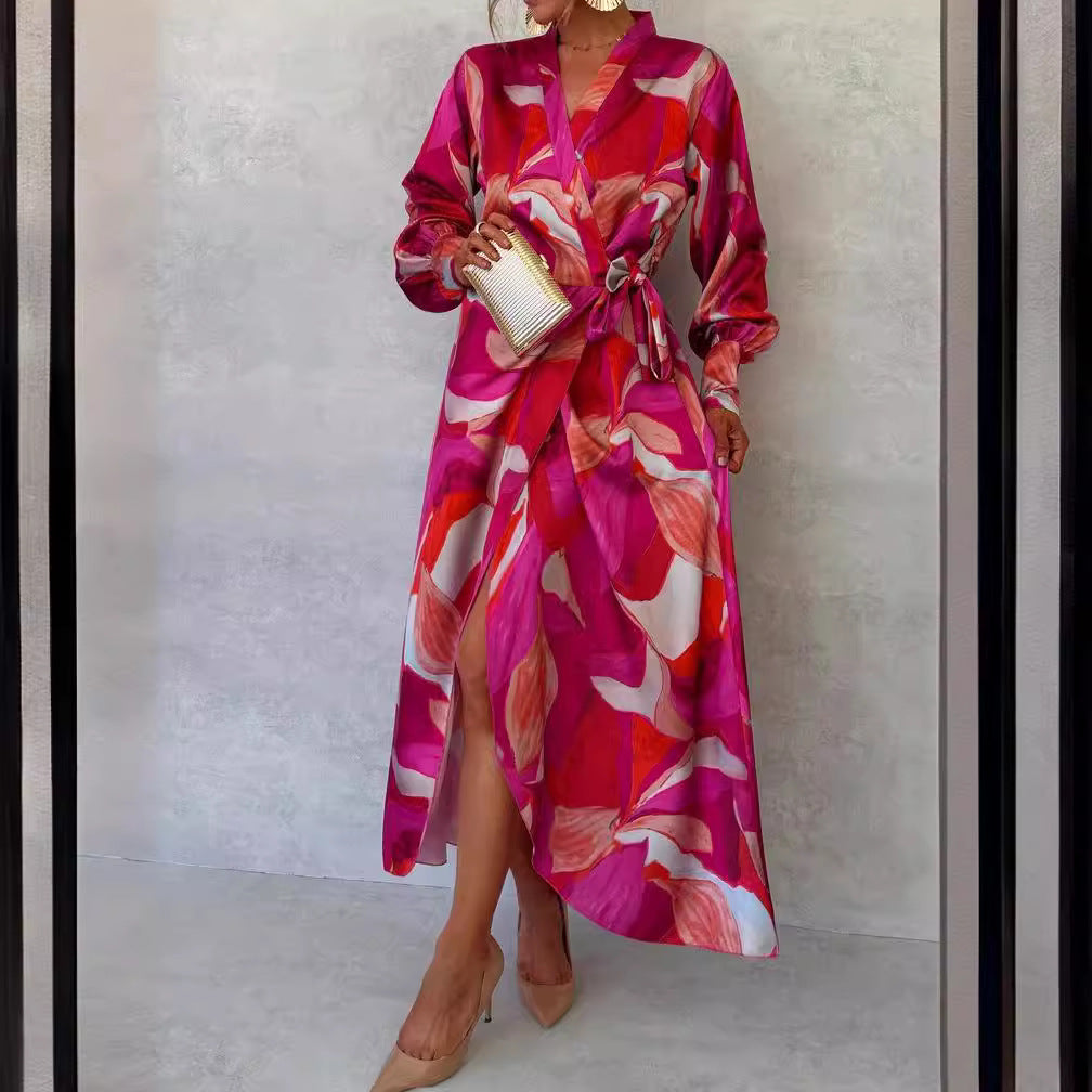 Long Sleeve Printed Tie-up Waist Slit Maxi Dress