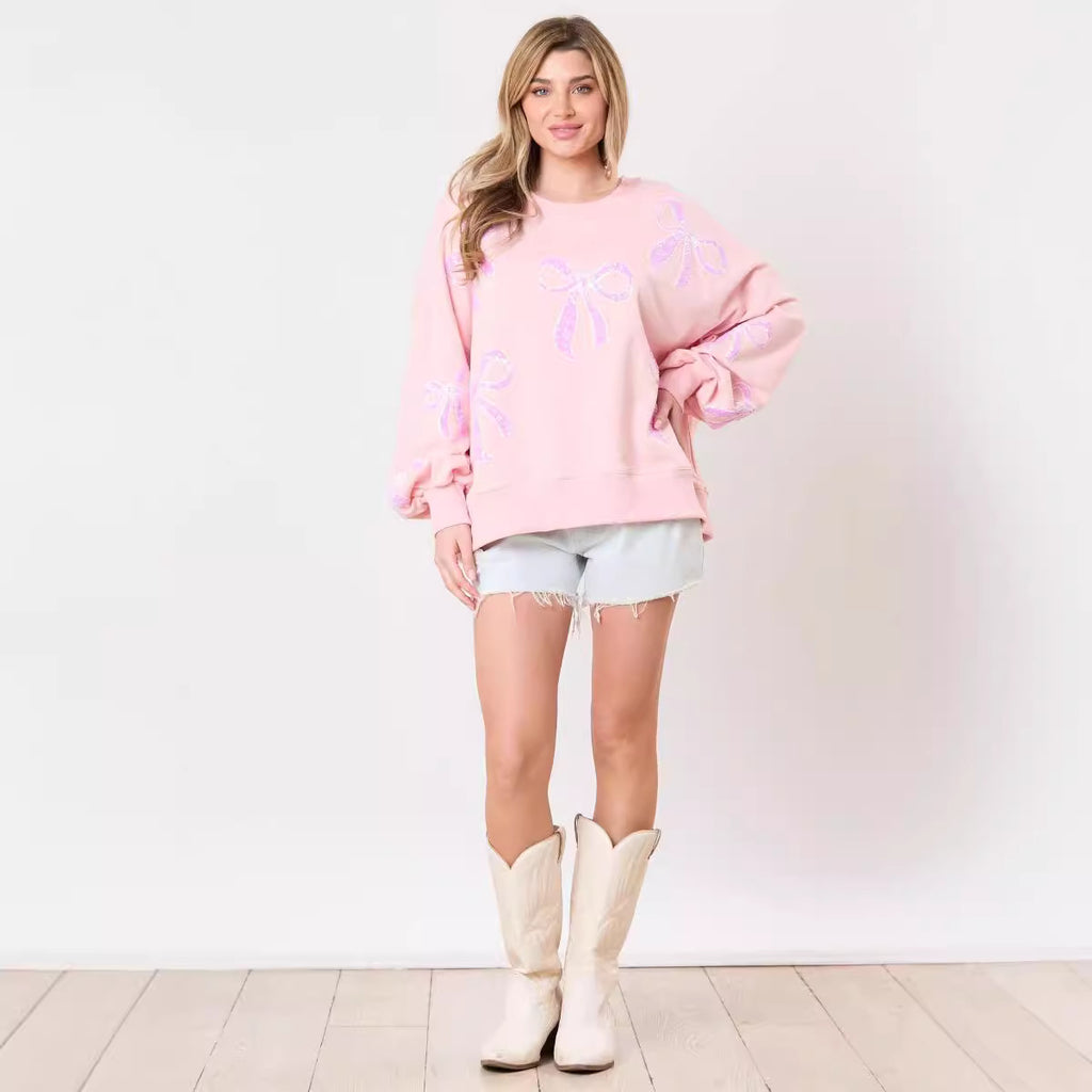 Pink Bow Sequins Long Sleeve Sweatshirt