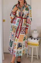Load image into Gallery viewer, Unique Printed Lantern Sleeve Belt Pocket Shirt Midi Dress
