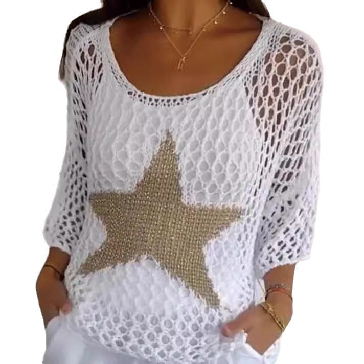Five-Star Round Neck Hollow Crochet Top