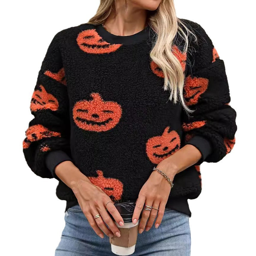 Fuzzy Pumpkin Round Neck Dropped Shoulder Top