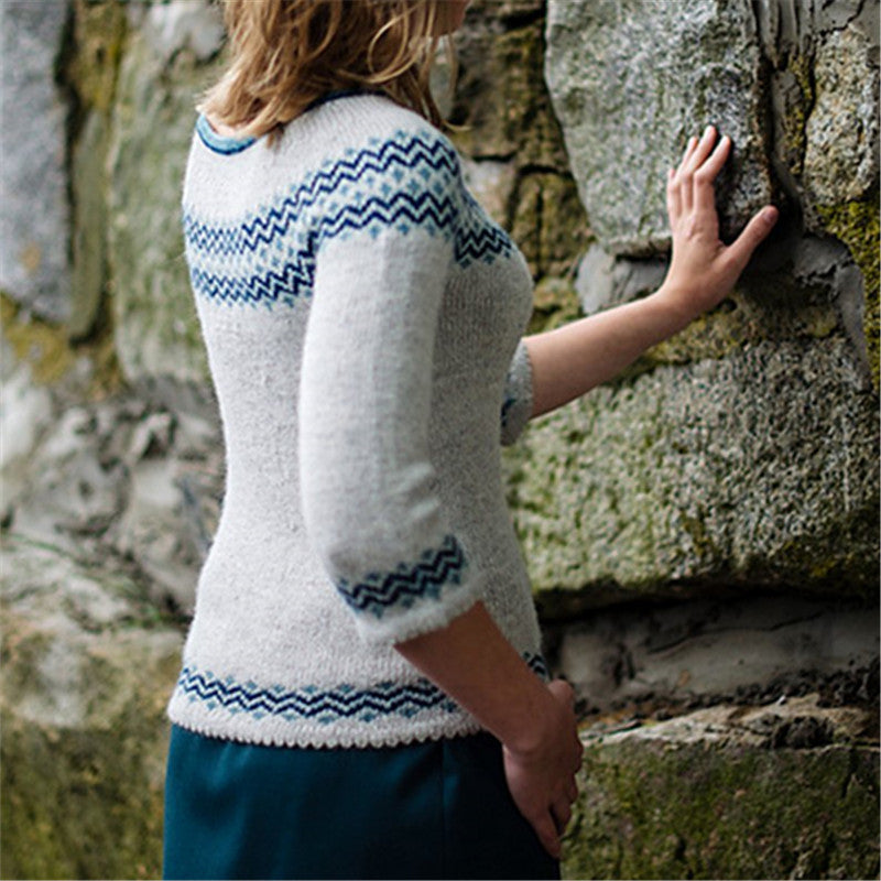 Grey  Knitted Crew Neck Icelandic Knit Pullover Sweater