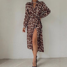 Load image into Gallery viewer, Leopard Print Long Sleeves Ruched Wrap Split Front Midi Dress

