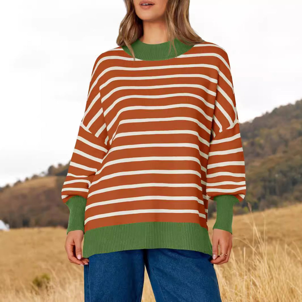 Oversized Crewneck Casual Long Sleeve Contrast Loose Knit Pullover Sweaters Top