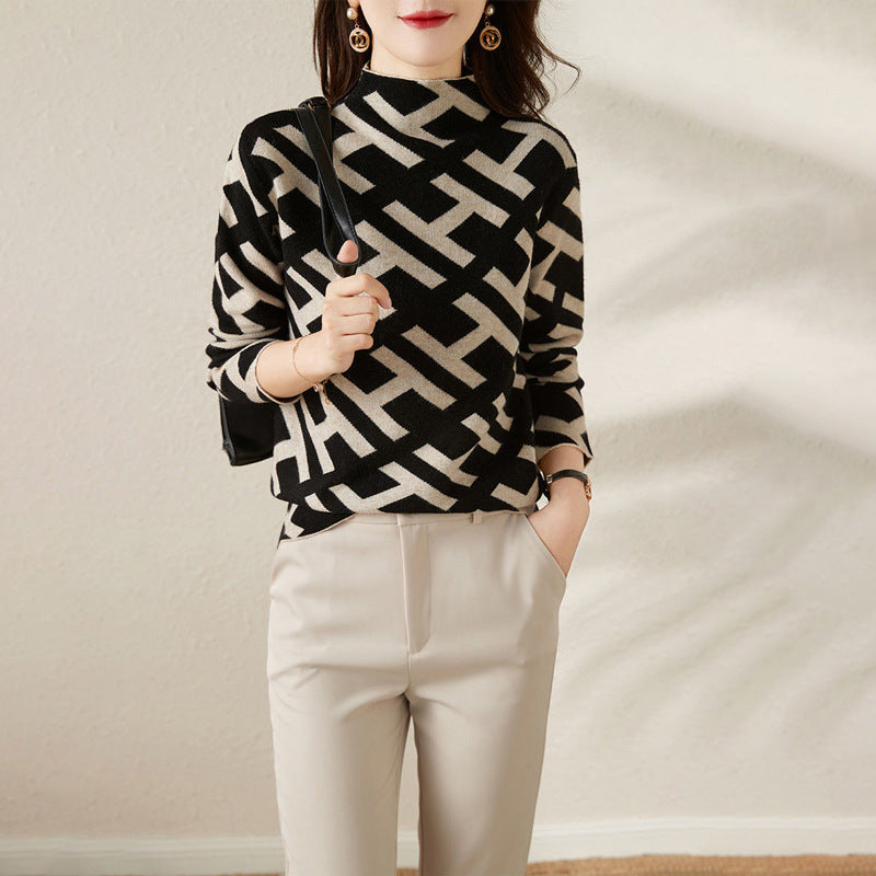 Casual Letter Jacquard Half Neck Sweater