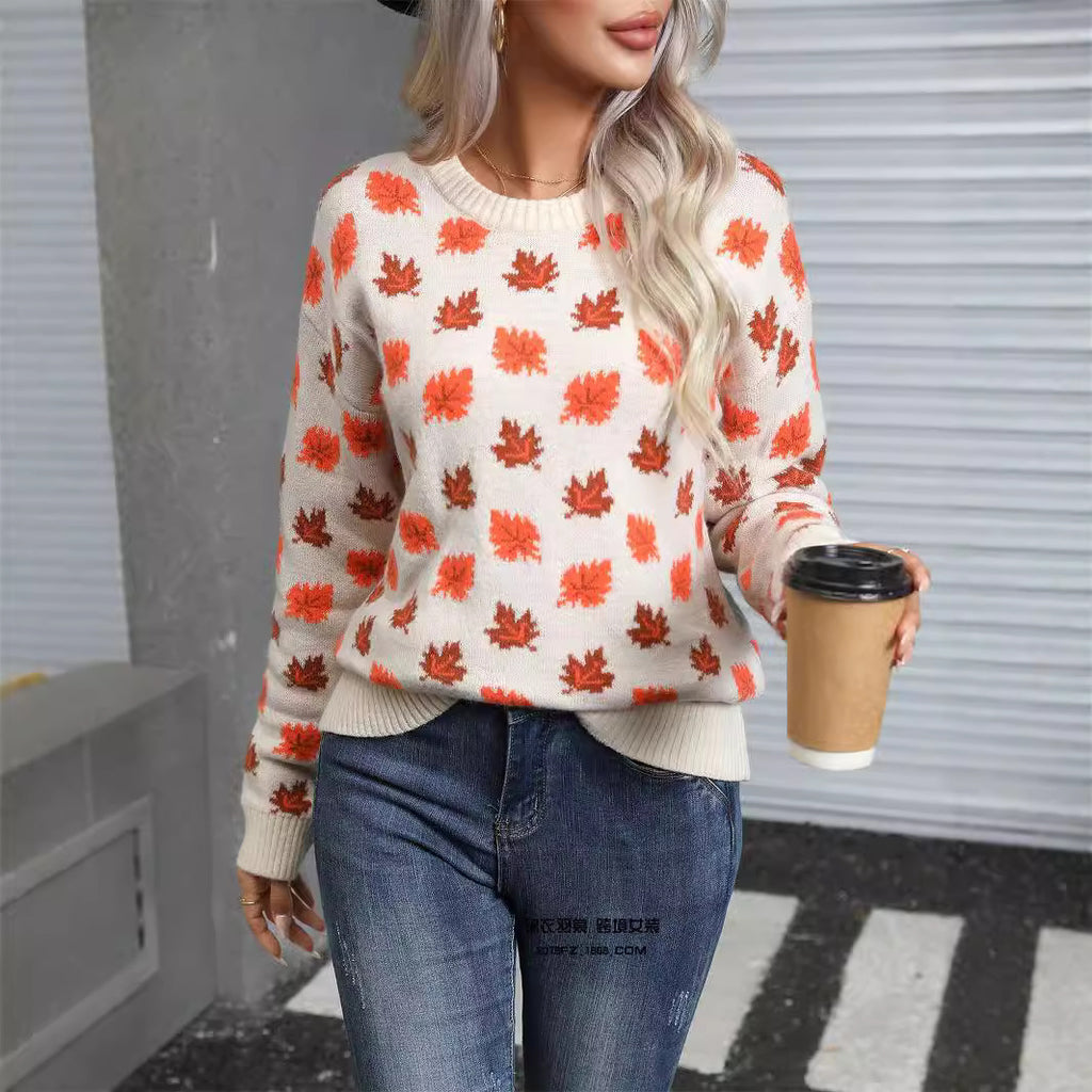 Maple Leaf Round Neck Long Sleeve Sweater