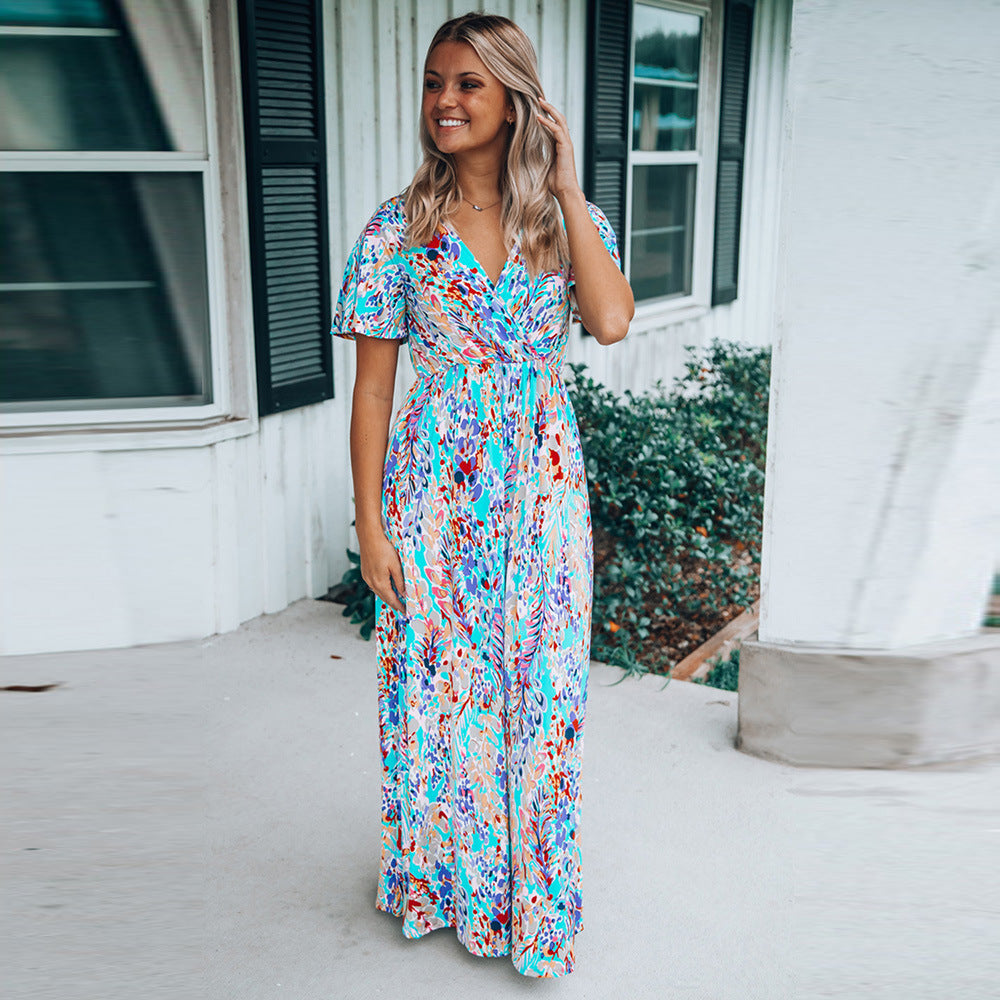 Wrap V Neck Floral Maxi Dress
