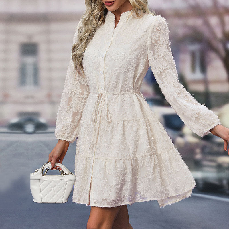 Standing Neck Long Sleeve Lace Jacquard Midi Dress