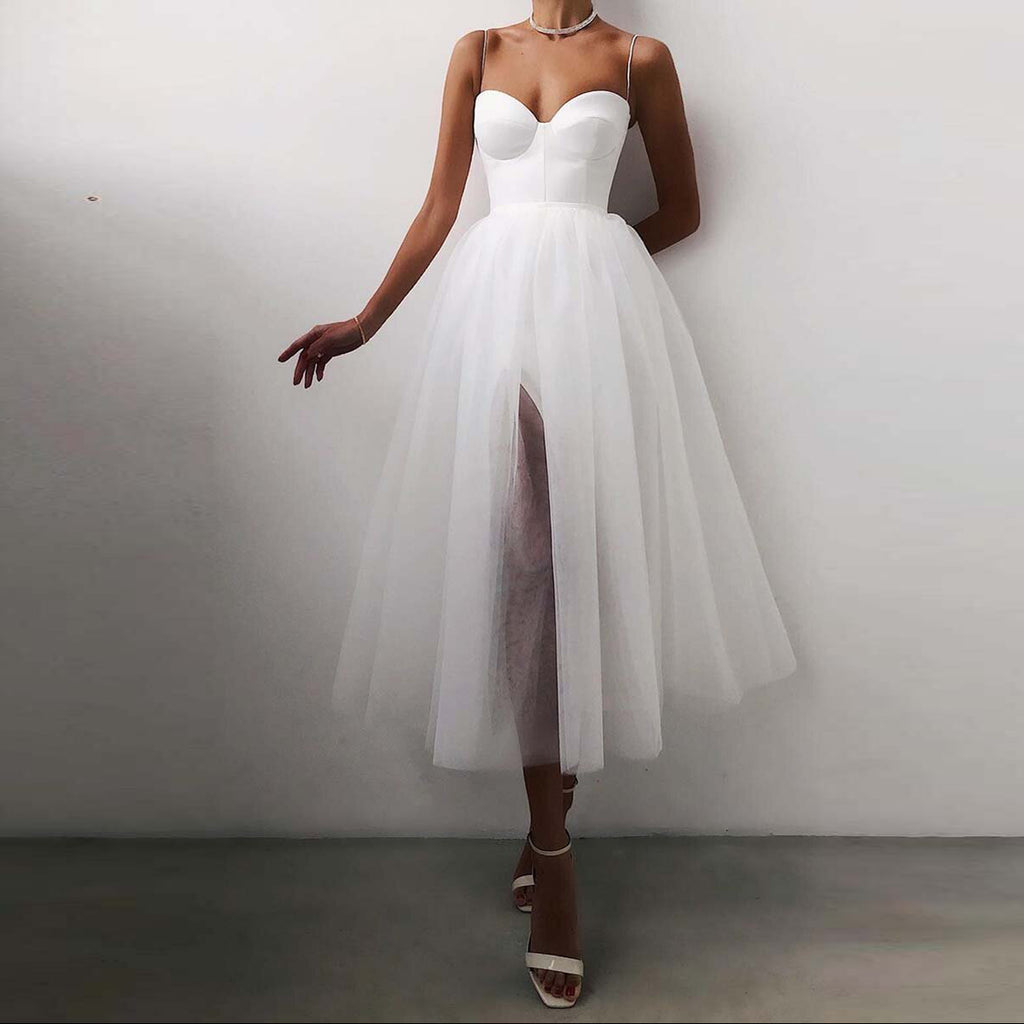 French Vintage Sweatheart Spaghetti Straps Split Side Mesh Midi Dress