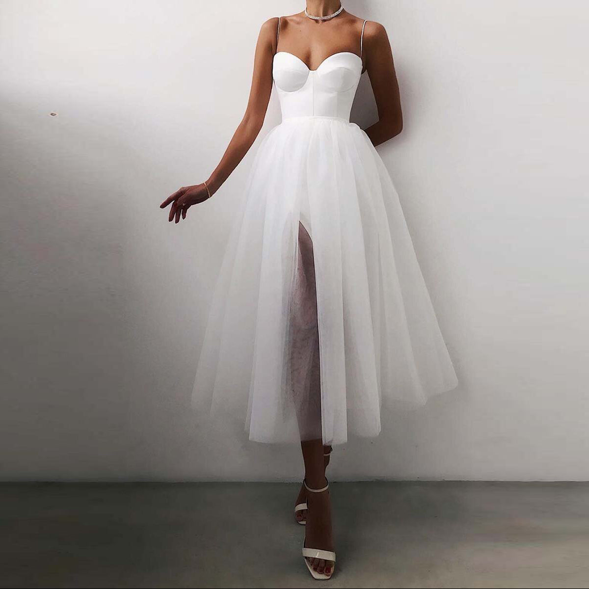 French Vintage Sweatheart Spaghetti Straps Split Side Mesh Midi Dress