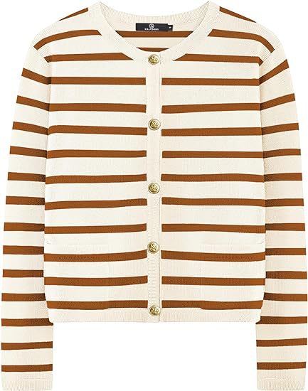 Casual Stripe Buttons Round Neck Cardigan